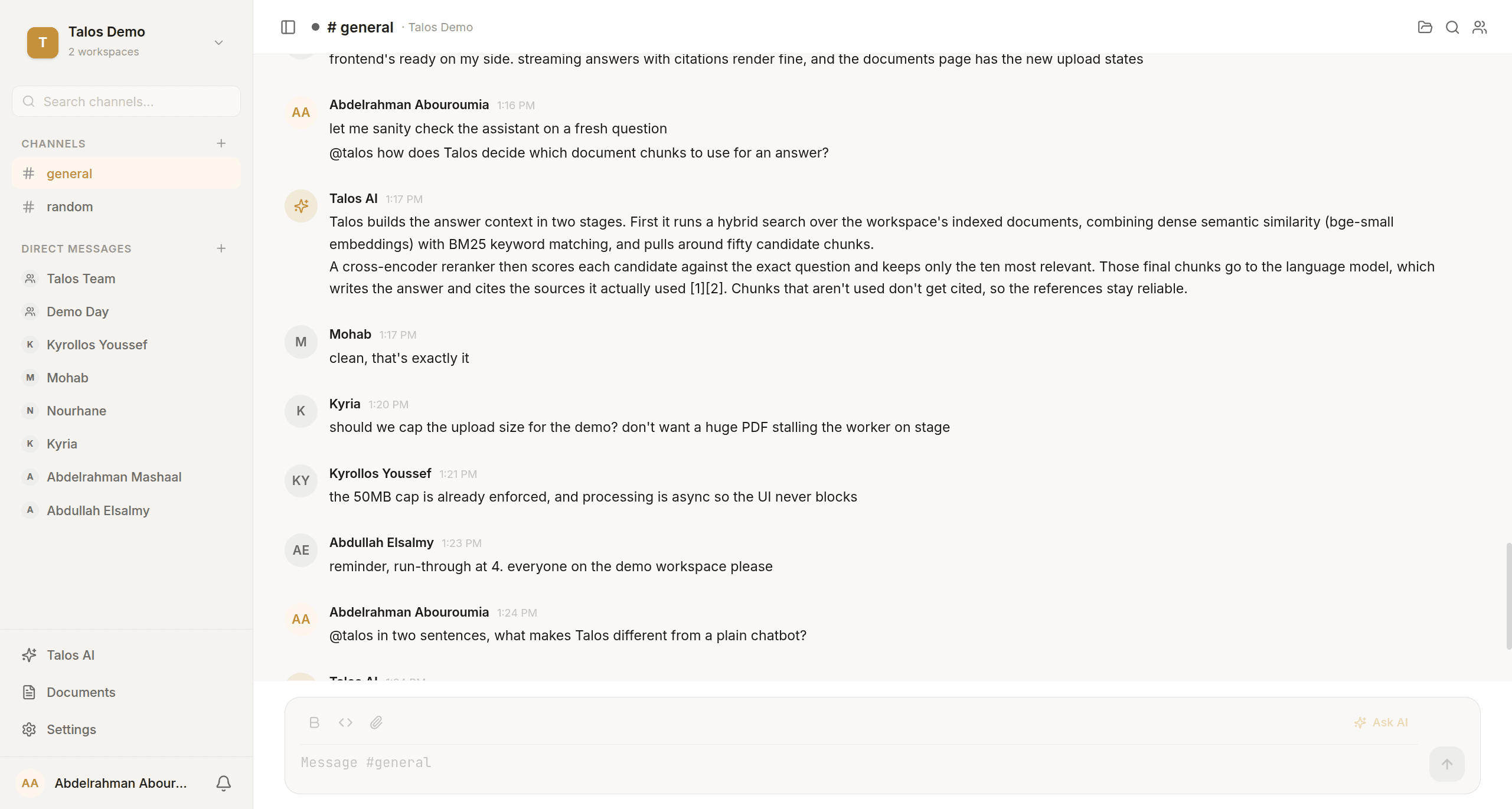 A team channel where a user asks the Talos assistant how it decides which document chunks to use, and it replies with a grounded answer citing its sources.