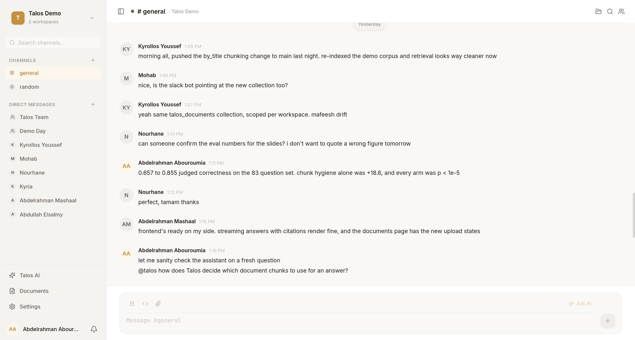 A team channel with multiple members coordinating in real time.
