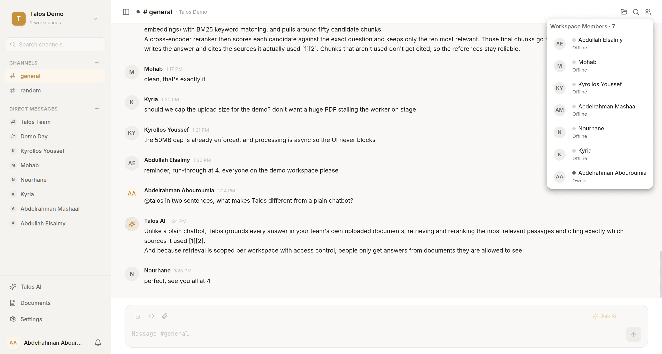The workspace members roster shown over a cited assistant answer.