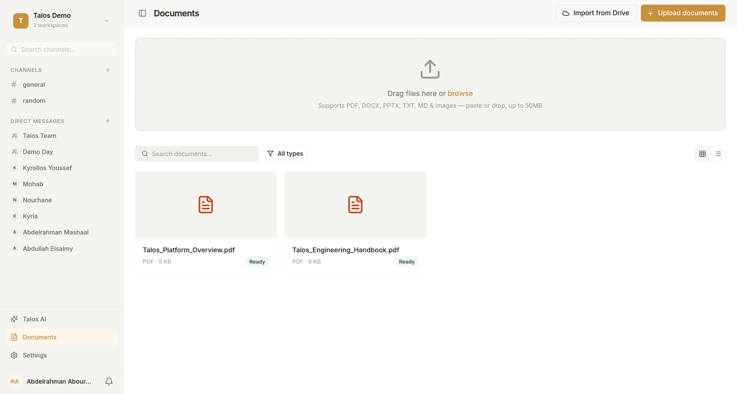 The Documents page showing drag-and-drop upload, Drive import, and indexed files marked Ready.