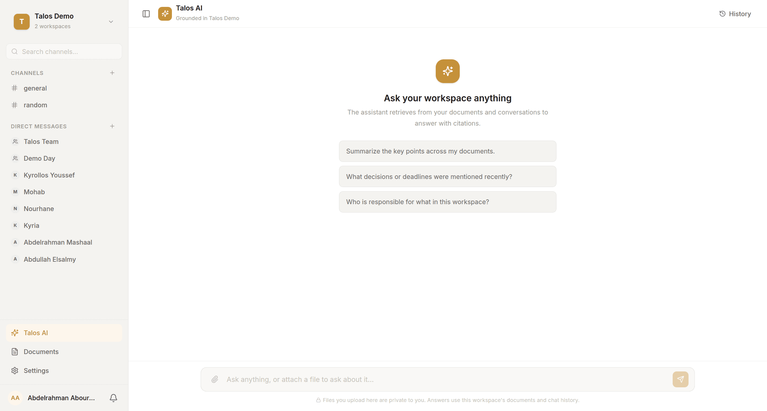 The dedicated Talos AI page, grounded in the workspace corpus and answering with citations.