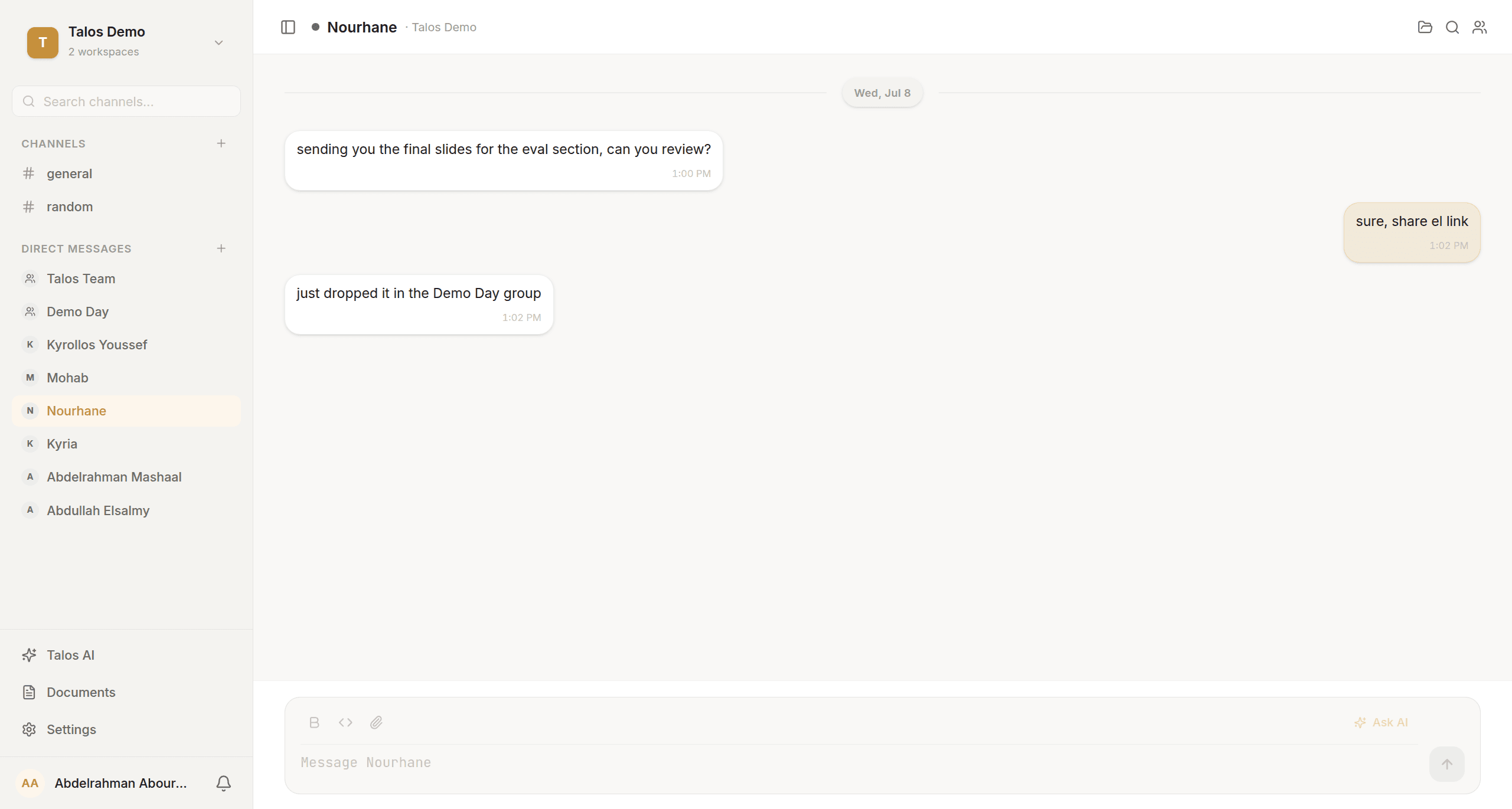 A one-to-one direct message between teammates.