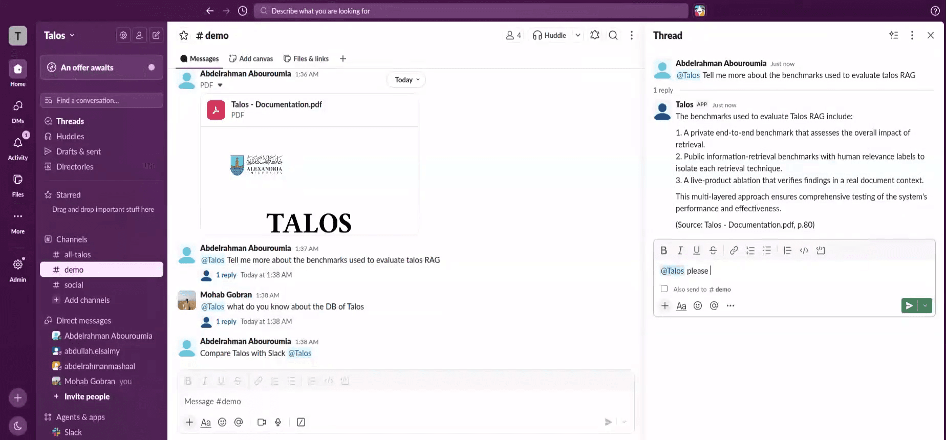 The Talos app answering a question in Slack and citing a source PDF page.