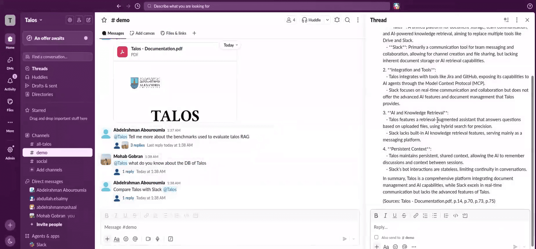 Talos answering in Slack with multi-source citations across several document pages.